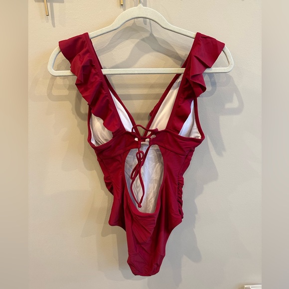 CUPSHE Red Ruffled Lace Up One Piece Swimsuit - Picture 3 of 4